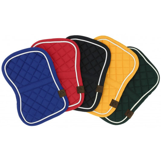 Set of five quilted saddle pads in blue, red, navy yellow, and green on a white background.