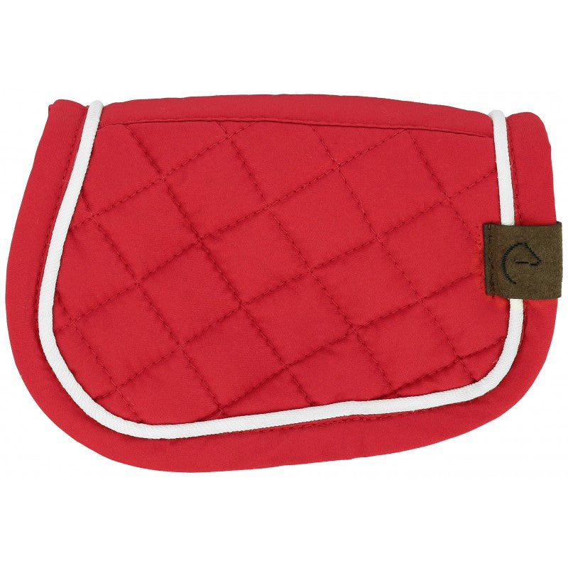 Red quilted saddle pad with a brown leather patch on a white background