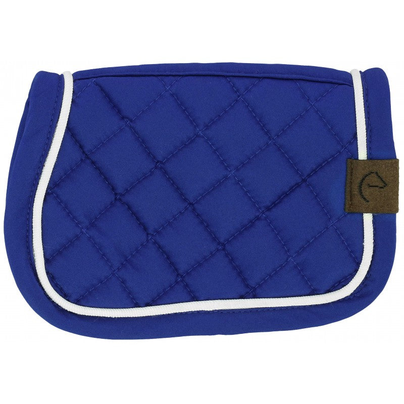 Blue quilted saddle pad with a white border on a white background