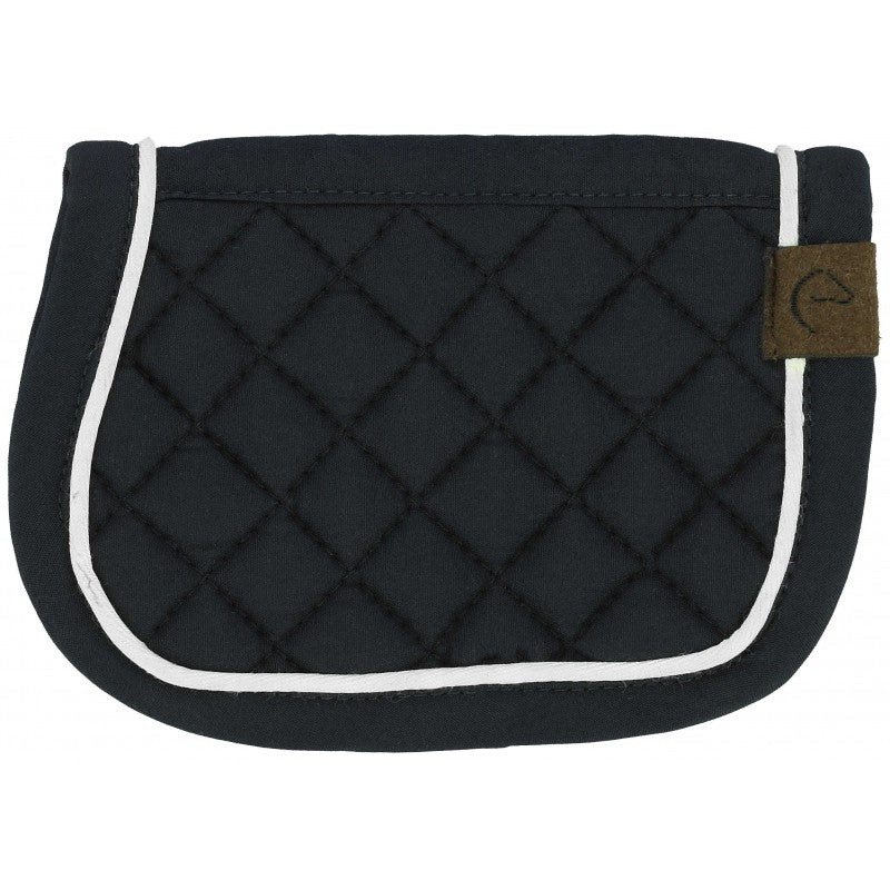 Navy quilted saddle pad with a white border on a white background