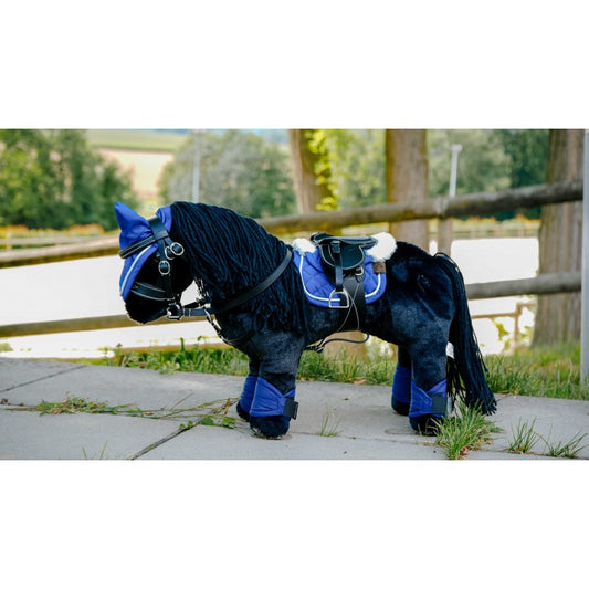 Horse wearing a blue protective garment on a paved path with a wooden fence and trees in the background.