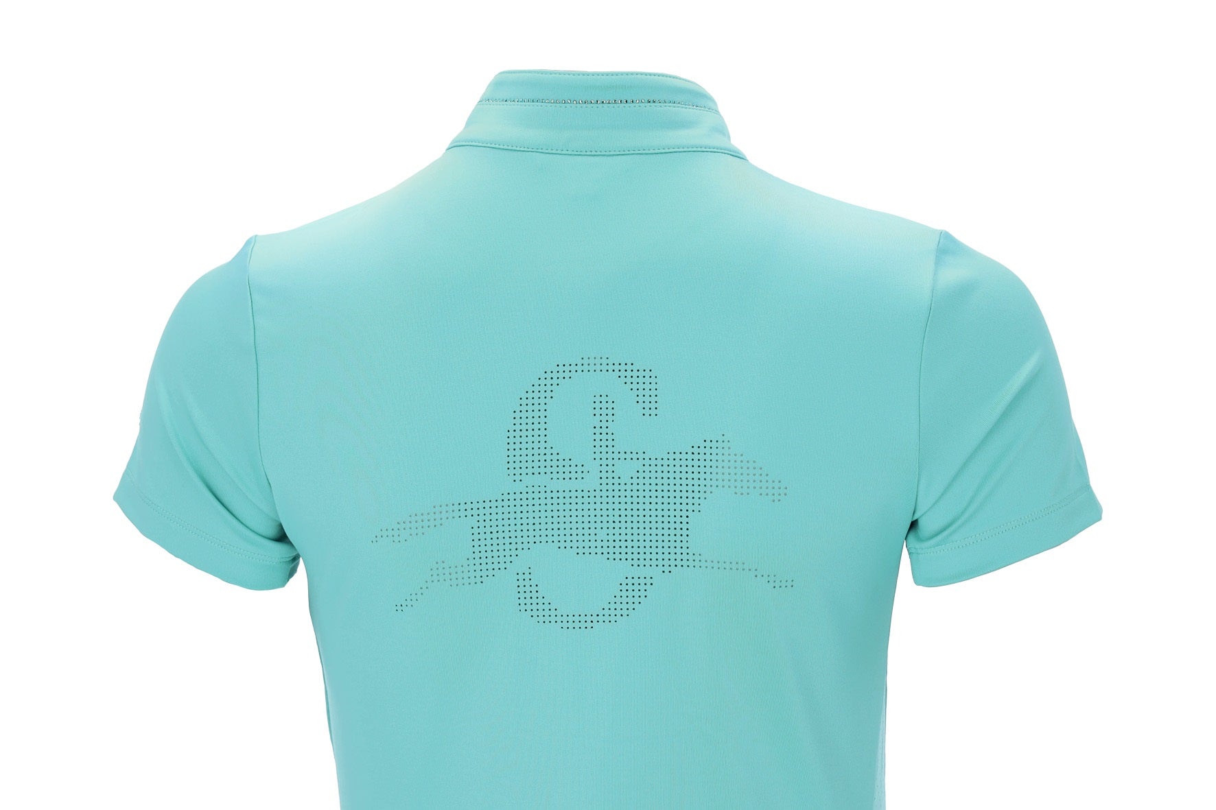 Turquoise blue training top with perforated logo on the back on a white background