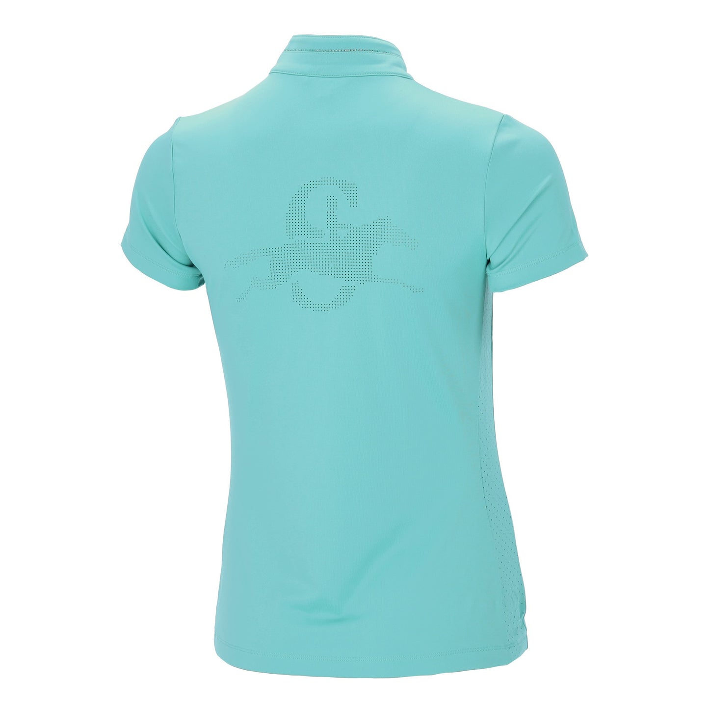 Turquoise blue training top with perforated logo on the back on a white background