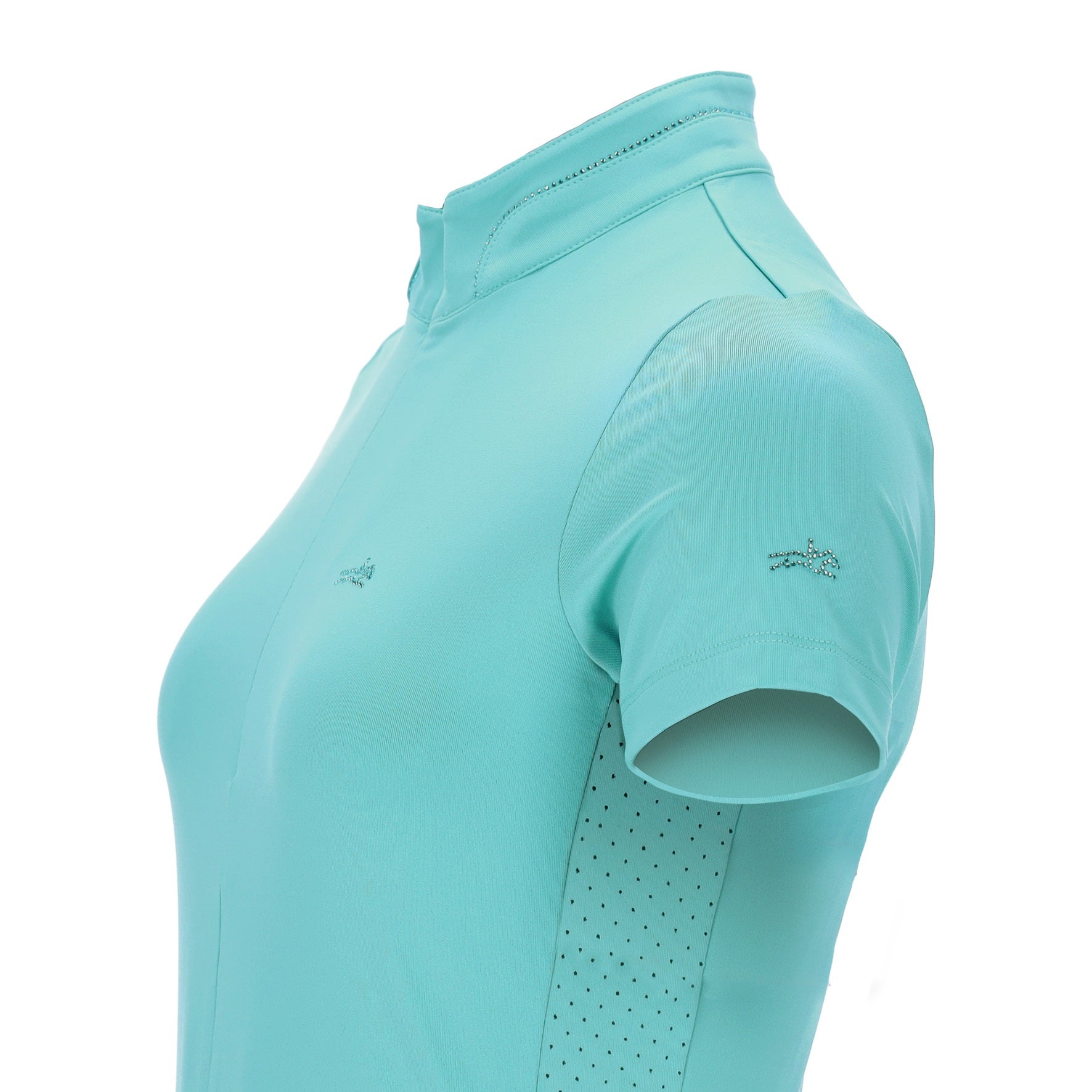 Turquoise blue training top on a white background with a horse logo on the sleeve