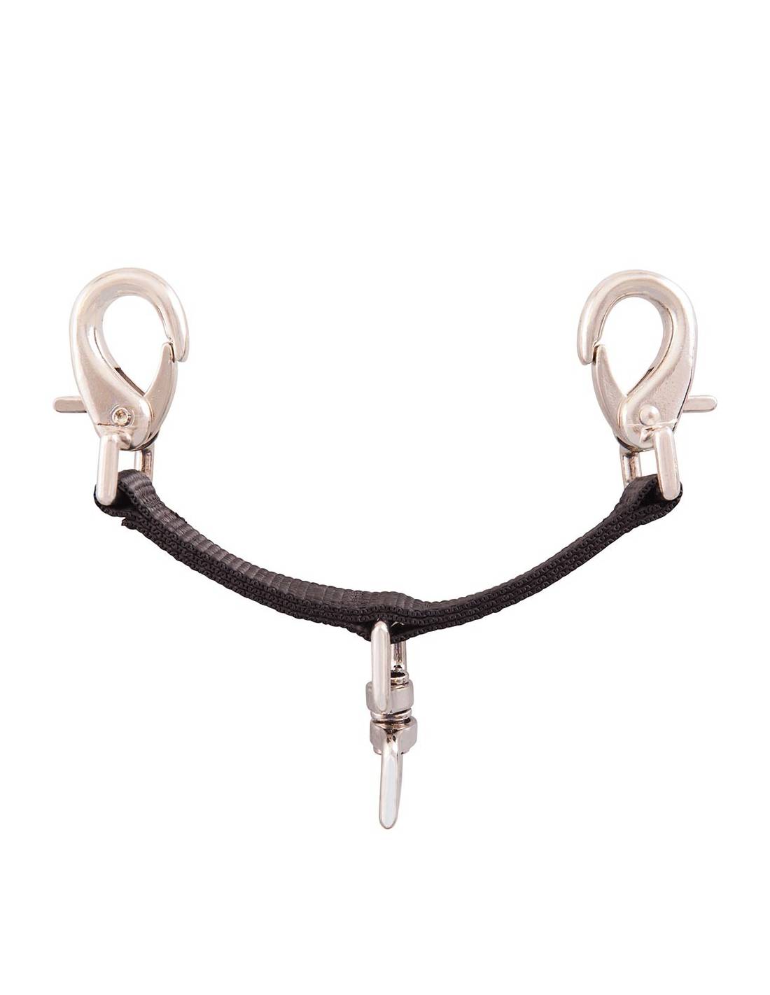 Black leather lanyard with metal hooks on a white background
