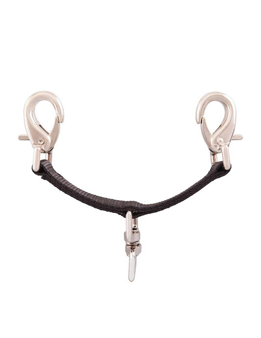 Black leather lanyard with metal hooks on a white background