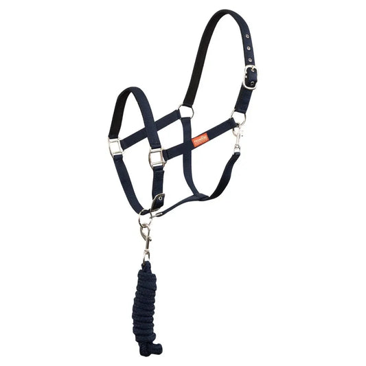 Navy blue horse halter with a rope lead on a white background