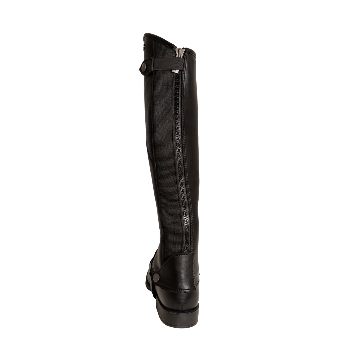 A single black leather knee-high boot shown from the back, featuring a side zipper, a rear strap with a buckle, and a low block heel, set against a plain white background.
