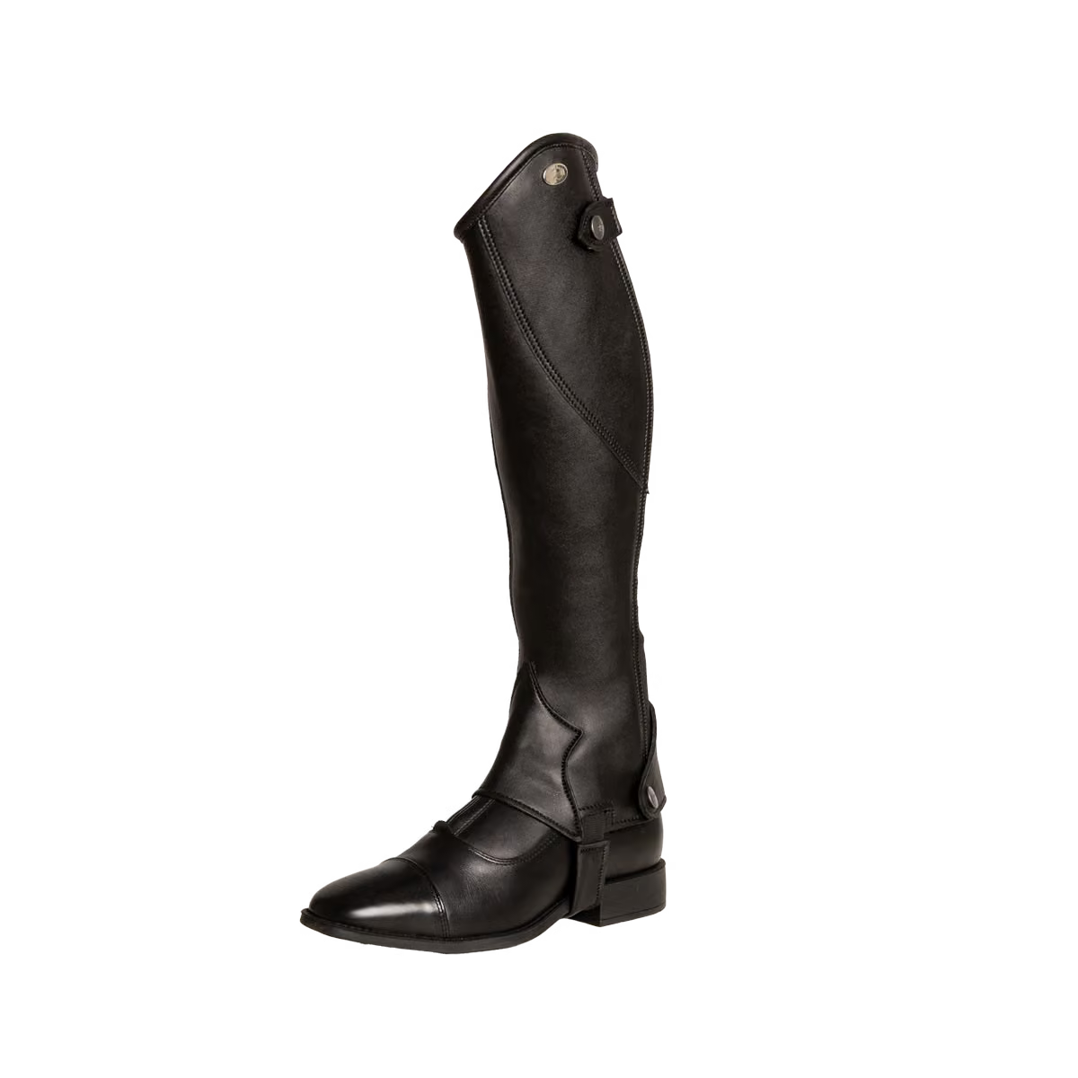 A single black leather knee-high riding boot with a pointed toe, low block heel, and decorative strap detail near the top and ankle, shown against a plain white background.