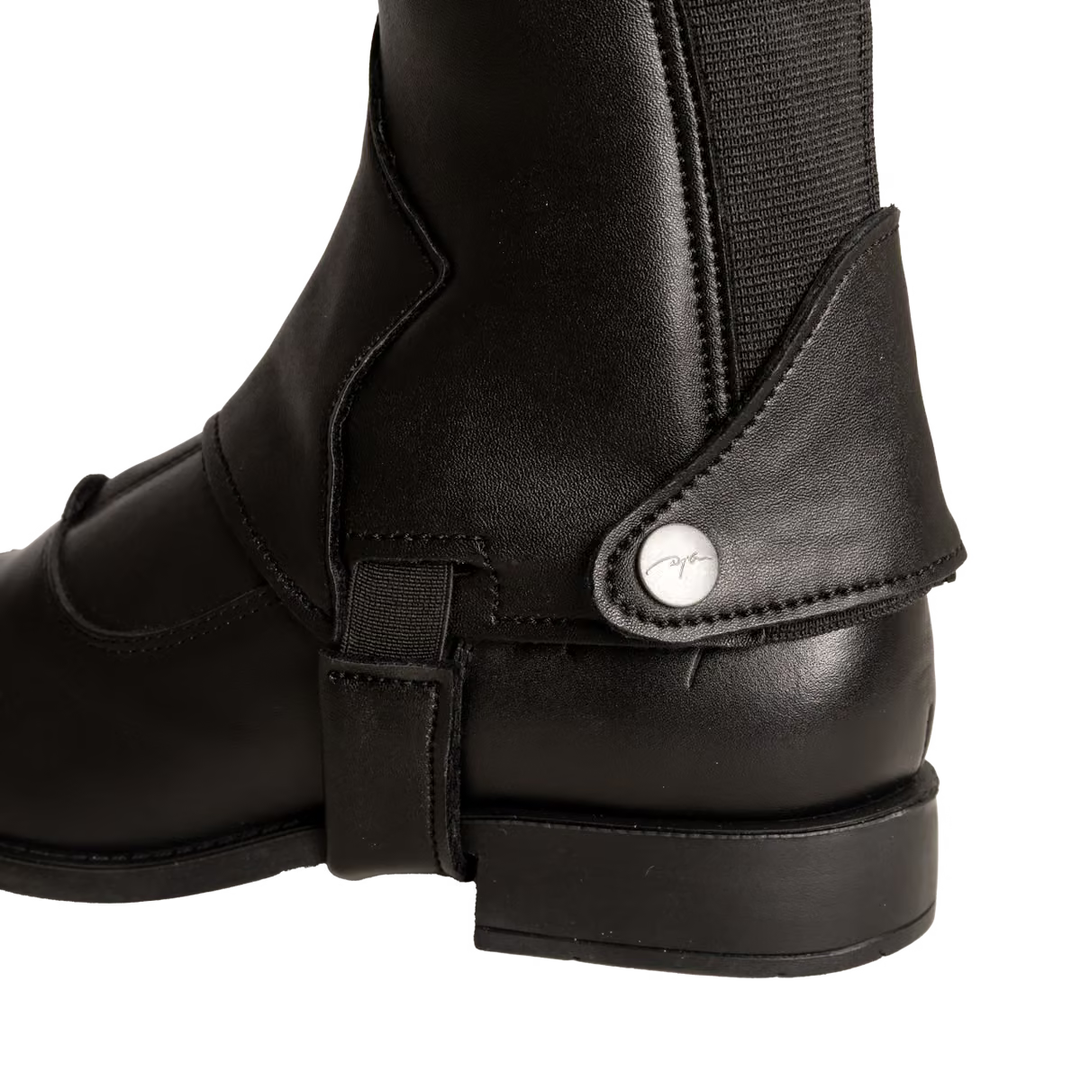 Close-up of the heel and side strap of a black leather riding boot with a silver snap button on a white background.