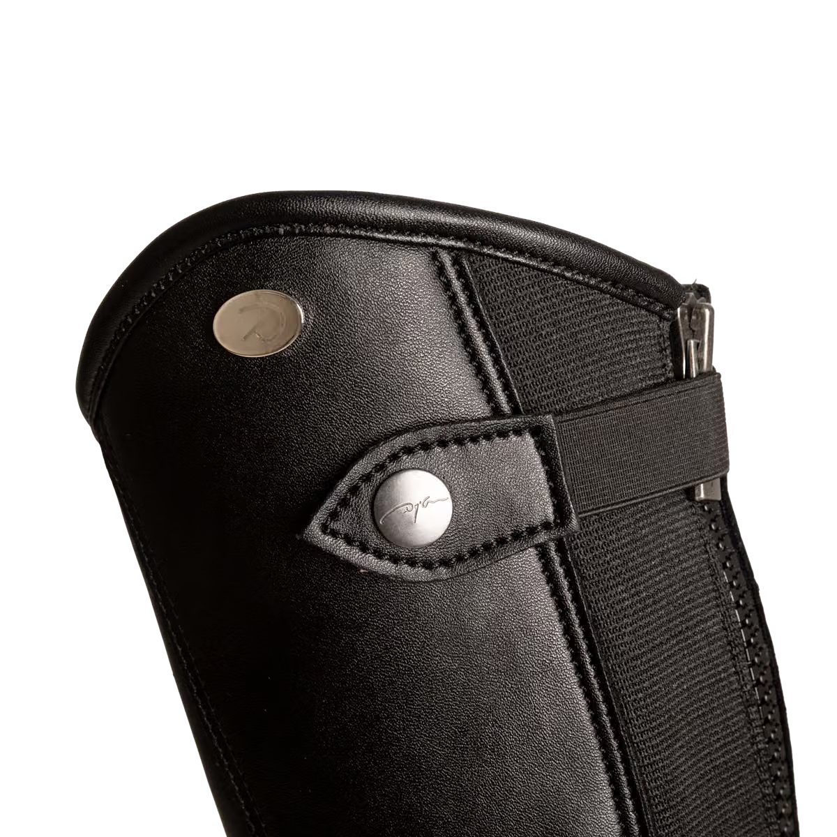 Close-up of a black leather and webbing boot or riding boot section with a zip closure and metal snap details on a white background.