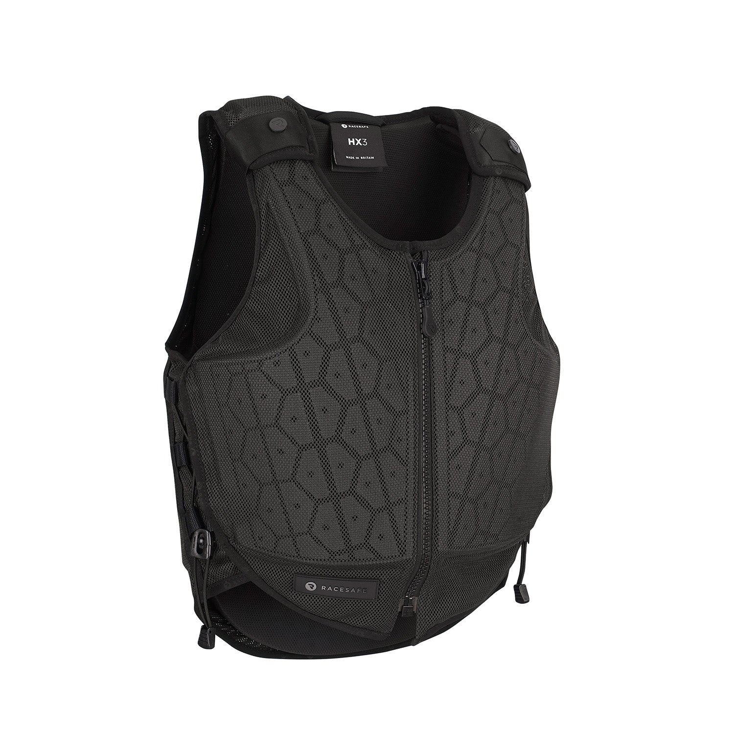 Black protective vest with geometric pattern on a white background