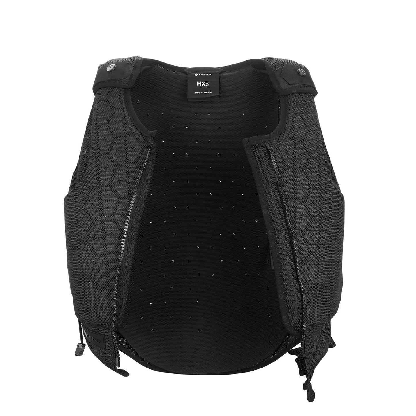 Black protective vest with geometric pattern on a white background