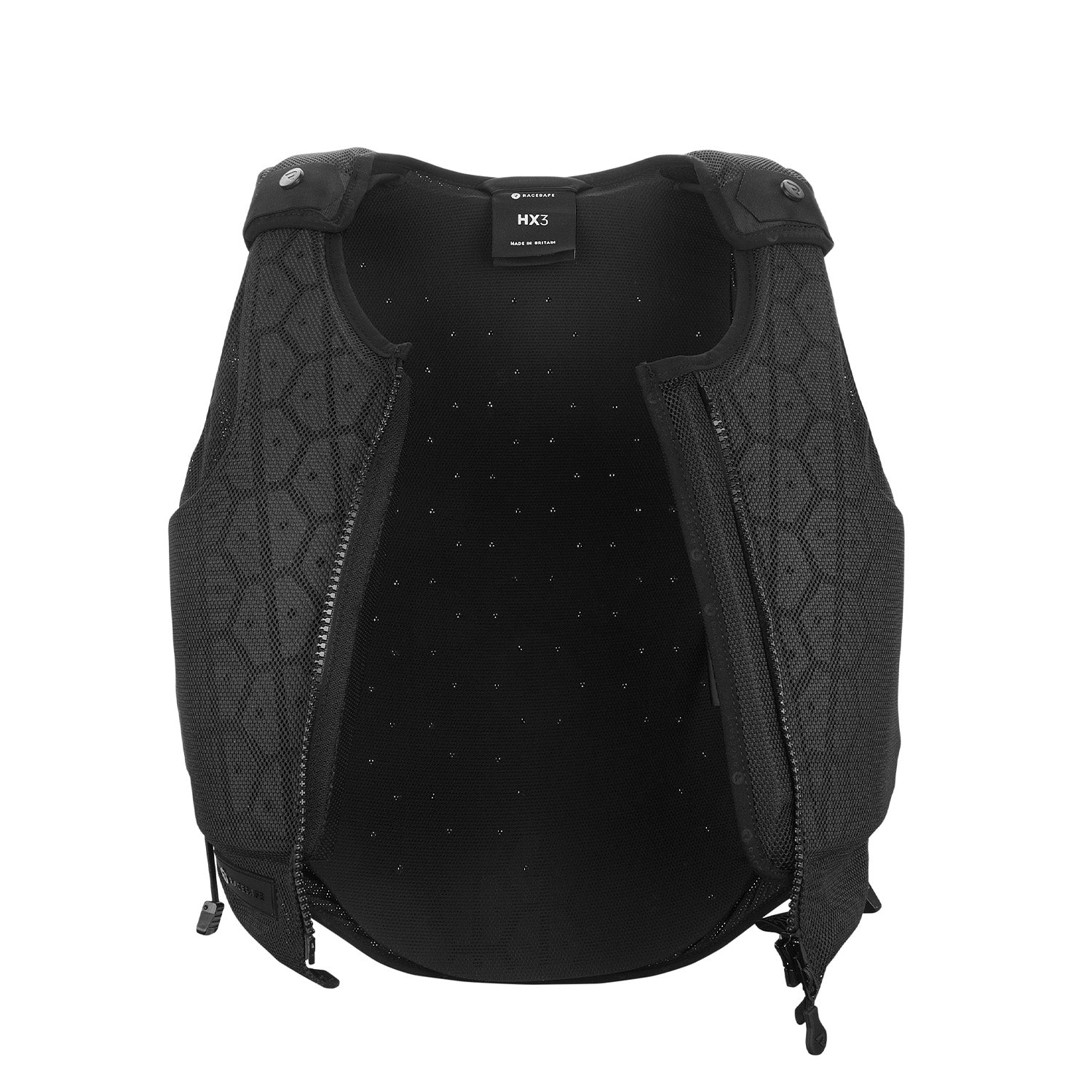 Black protective vest with geometric pattern on a white background