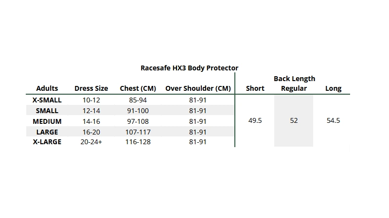 Table of Raceseafe HX3 Body Protector dimensions for different adult dress sizes.