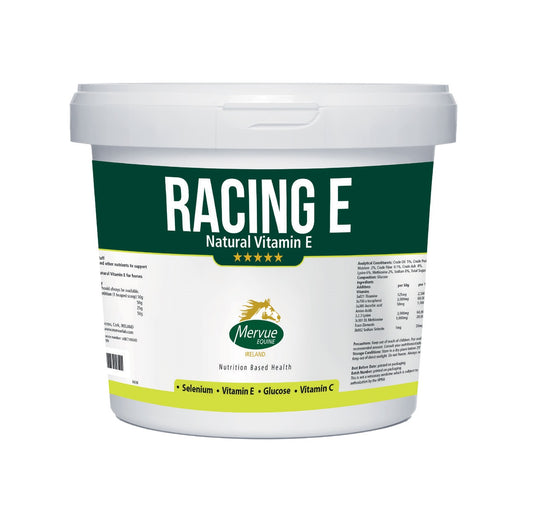 Bucket of Racing E Natural Vitamin E supplement with Mervue logo on a white background