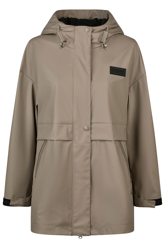 A taupe-beige hooded rain jacket with a black chest patch and black trim details, shown against a plain white background.