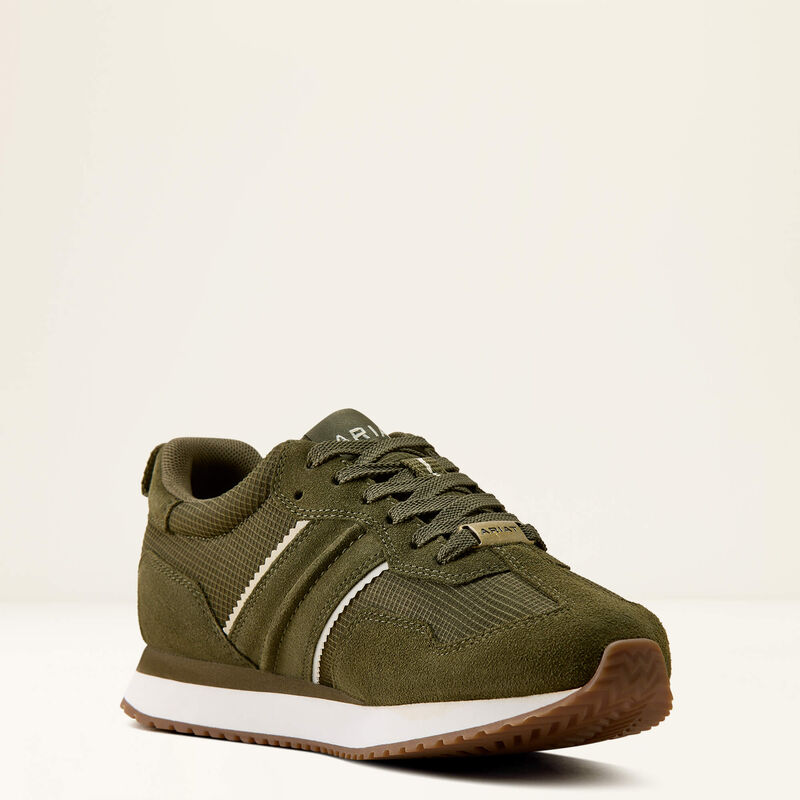 An olive green low-top sneaker with textured mesh and suede panels, featuring a white side stripe, white midsole, and brown outsole, shown against a plain off-white background.