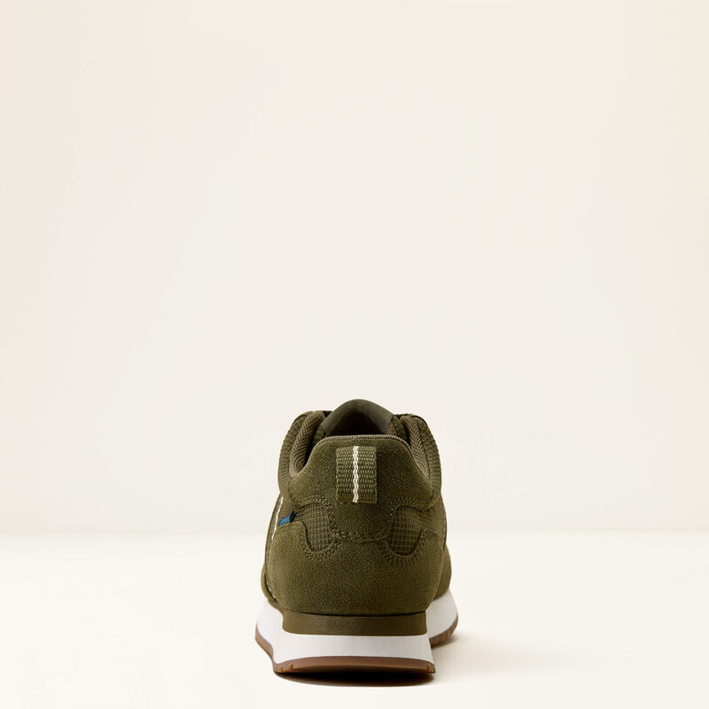 An olive green low-top sneaker shown from the back, featuring a textured green upper, a white midsole, and a brown outsole, set against a plain off-white background.