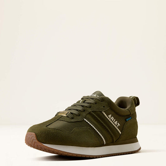 An olive green Ariat low-top sneaker with a suede and mesh upper, white contrast stitching, a white midsole, and a brown outsole, shown against a plain off-white background.