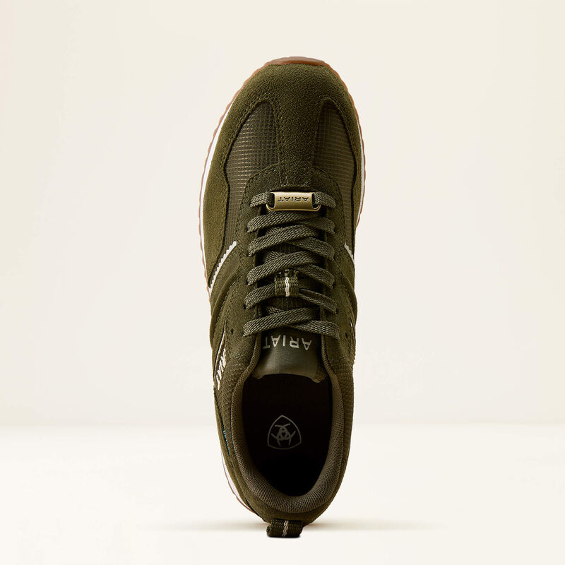 An olive green athletic sneaker shown from a top-down view against a clean, off-white background. The shoe features a textured mesh and synthetic upper, matching dark olive laces, a small gold 'ARIA' logo on the tongue, and 'ARIA' printed on the collar.