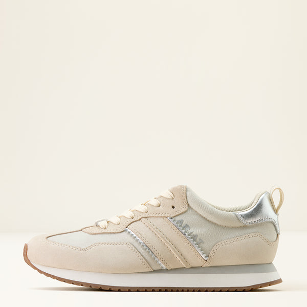 Beige sneaker with a brand logo on a light beige background