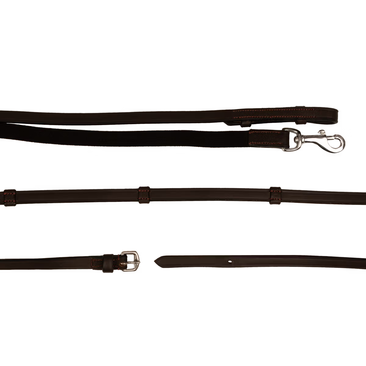 Three dark brown leather straps laid out horizontally on a white background, including one with a silver snap hook, one with adjustment loops, one with a buckle, and one empty strap.