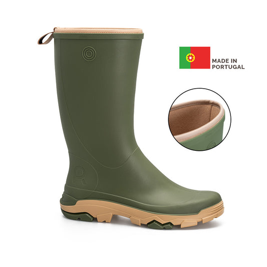 Green rubber boot with tan sole and collar, made in Portugal, on a white background.