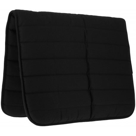 Black quilted saddle pad on a white background