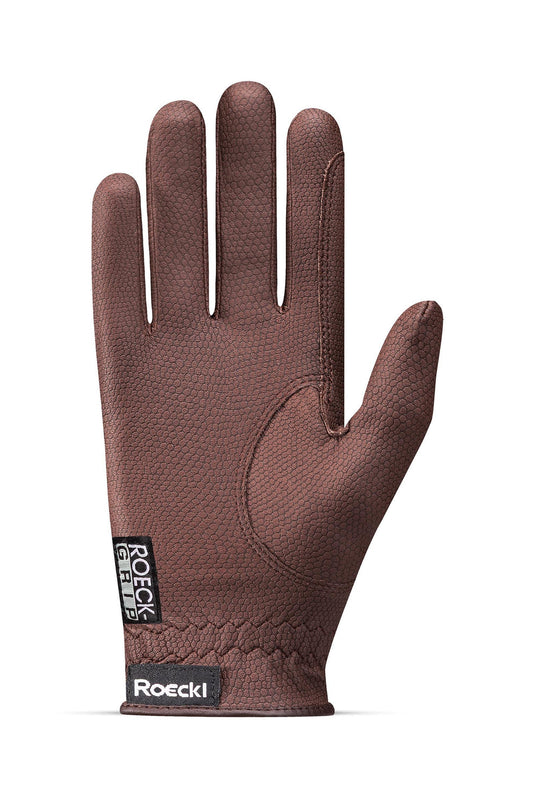 Brown glove with 'Roeckl' branding on a white background