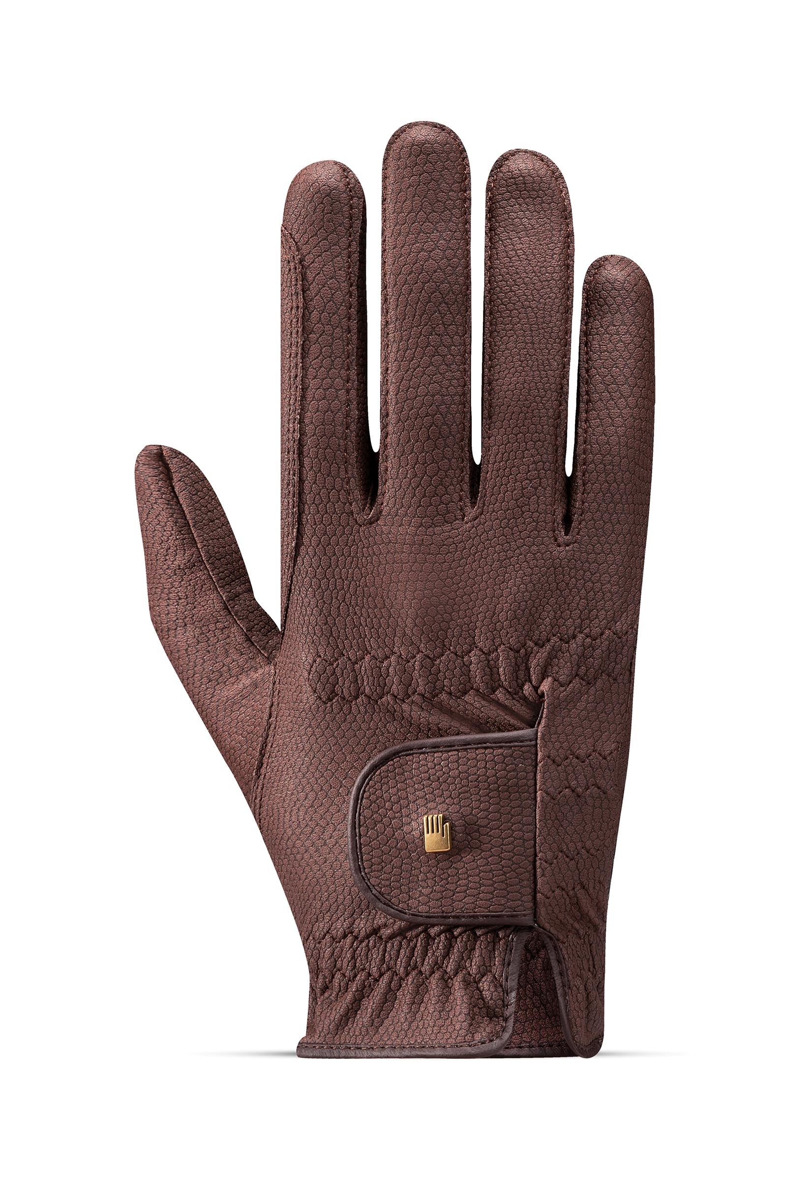 Brown glove with a brand logo on a white background