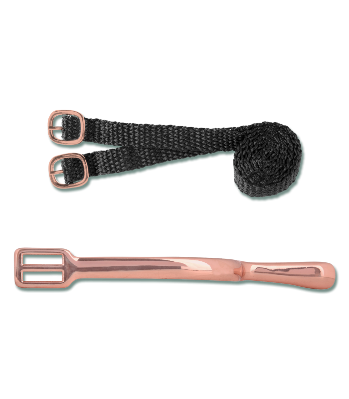 Rose gold spur and black strap on a white background