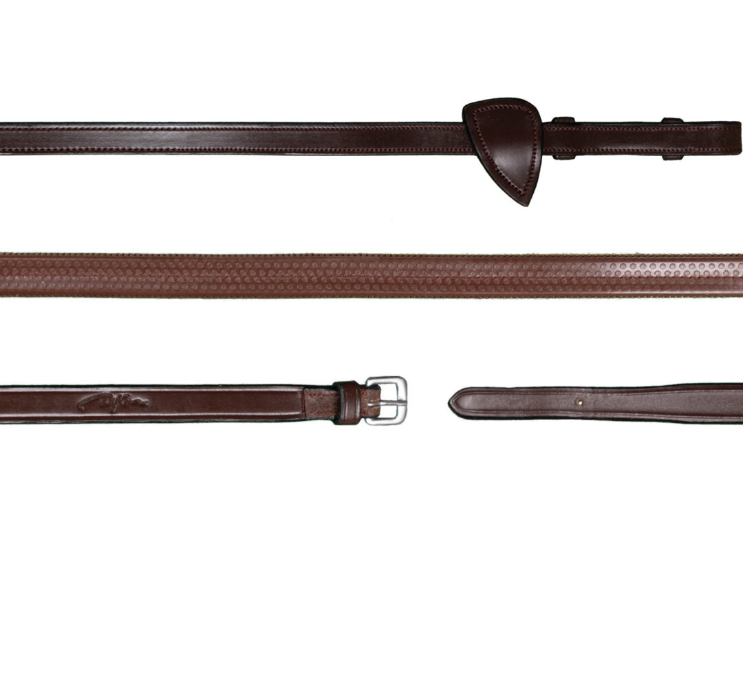 Brown leather belt with a buckle on a white background