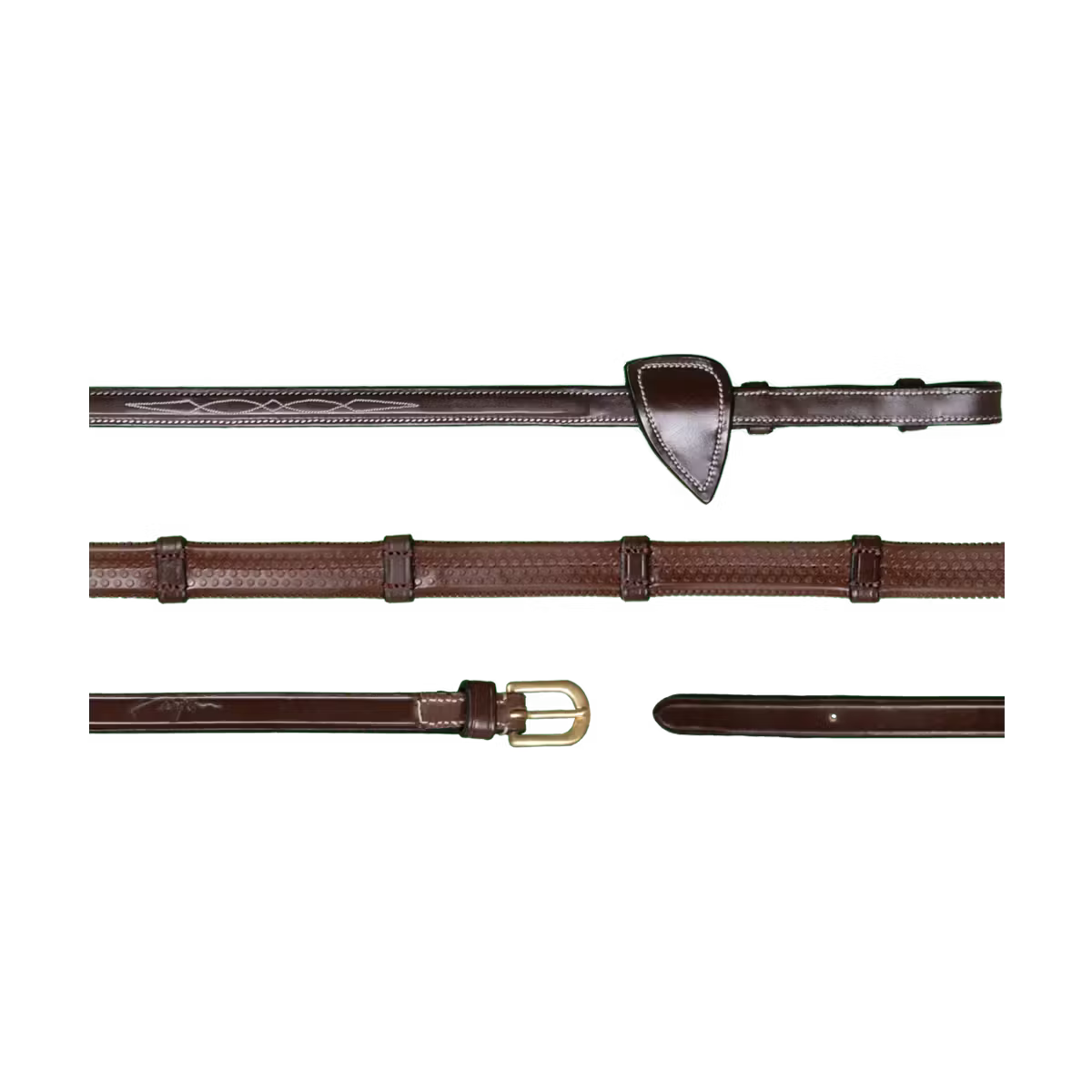 Set of green and brown leather belts with buckles on a white background