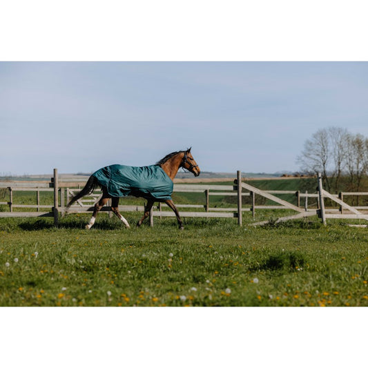 Horse wearing a green rug running in a grassy field with a wooden fence and clear sky.