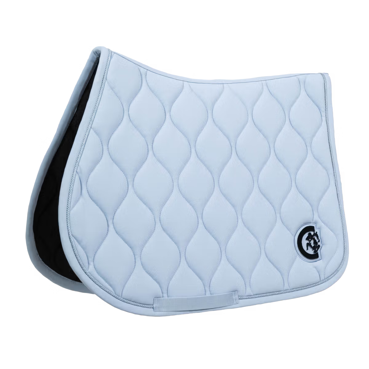 Light blue quilted saddle pad with a brand logo on a white background