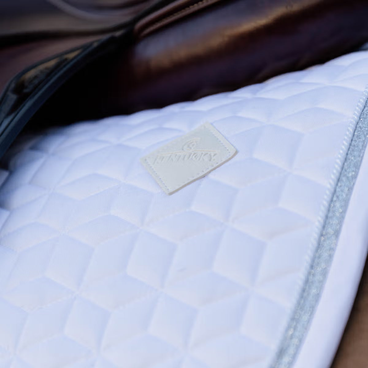 Close-up of a quilted blanket with a brand label on a horse saddle