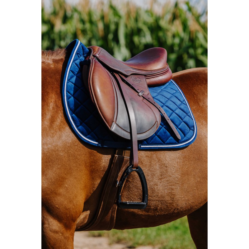 Horse with a brown saddle and blue saddle pad in a field