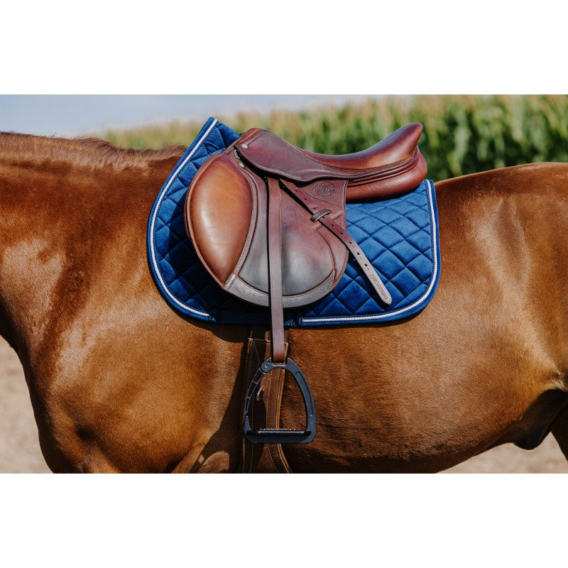 Brown horse with a brown saddle and blue saddle pad on a blurred natural background