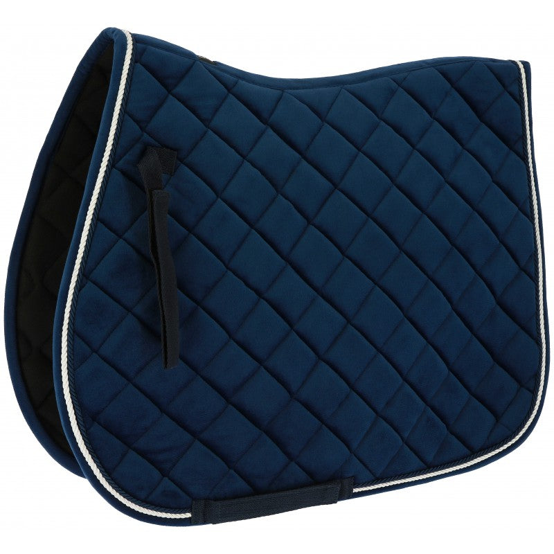 Navy blue quilted saddle pad with white trim on a white background