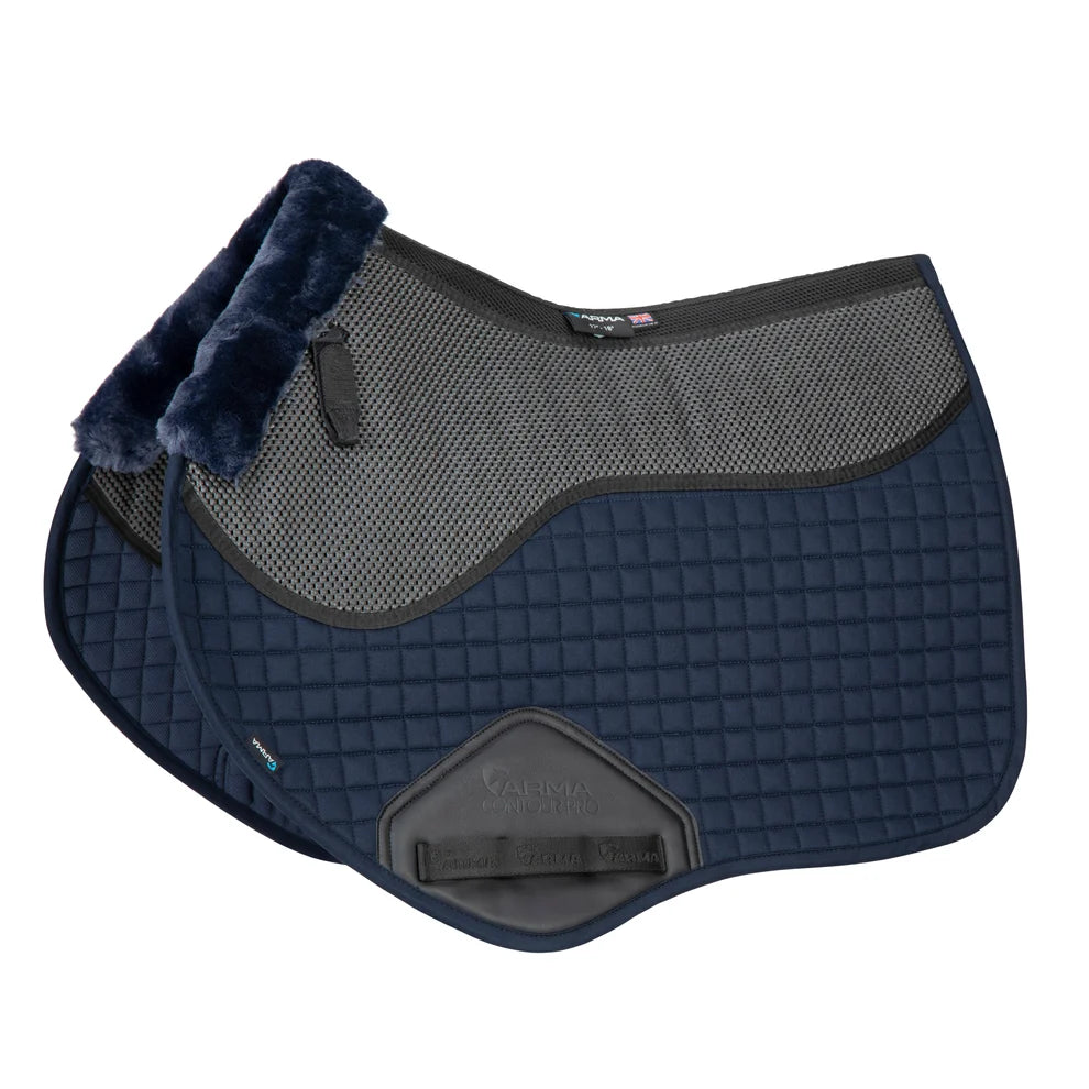 Navy blue and gray saddle pad with fleece lining on a white background