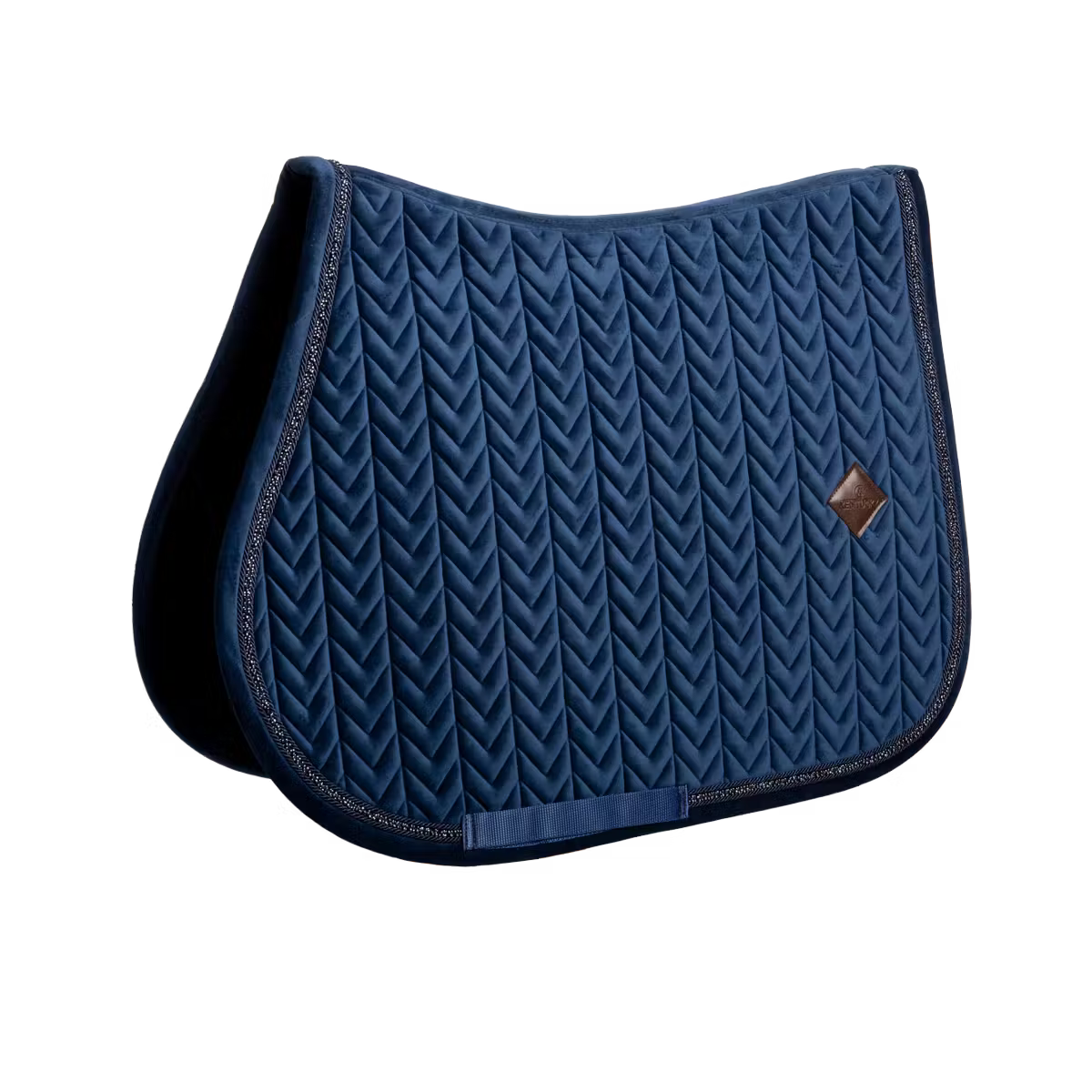 Blue quilted saddle pad with decorative elements on a white background