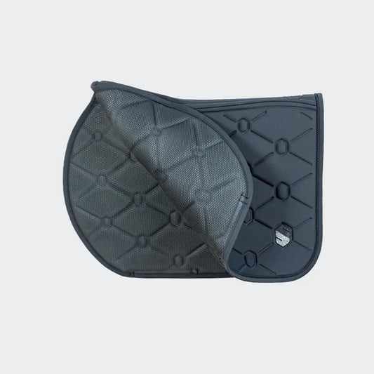Dark gray saddle pad with quilted design on a light gray background