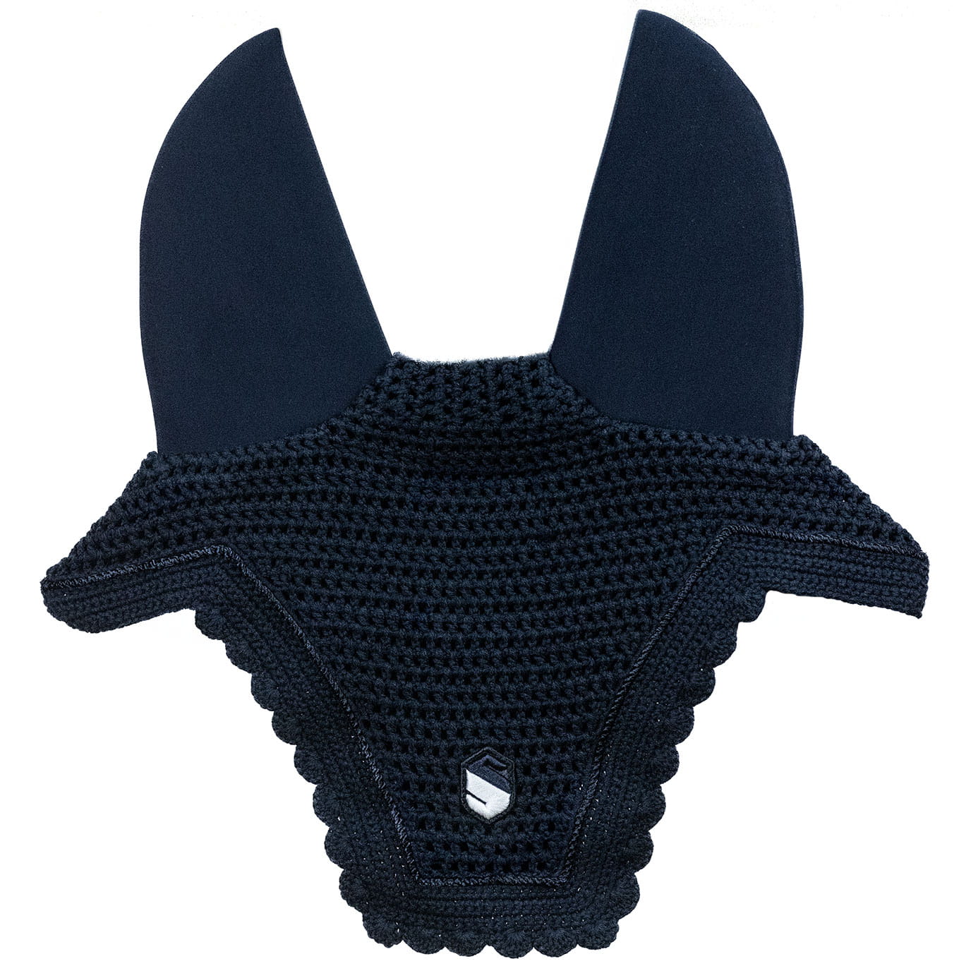 A dark navy blue horse ear cover with a textured knit body, scalloped edges, and solid fabric ear covers on a plain white background.