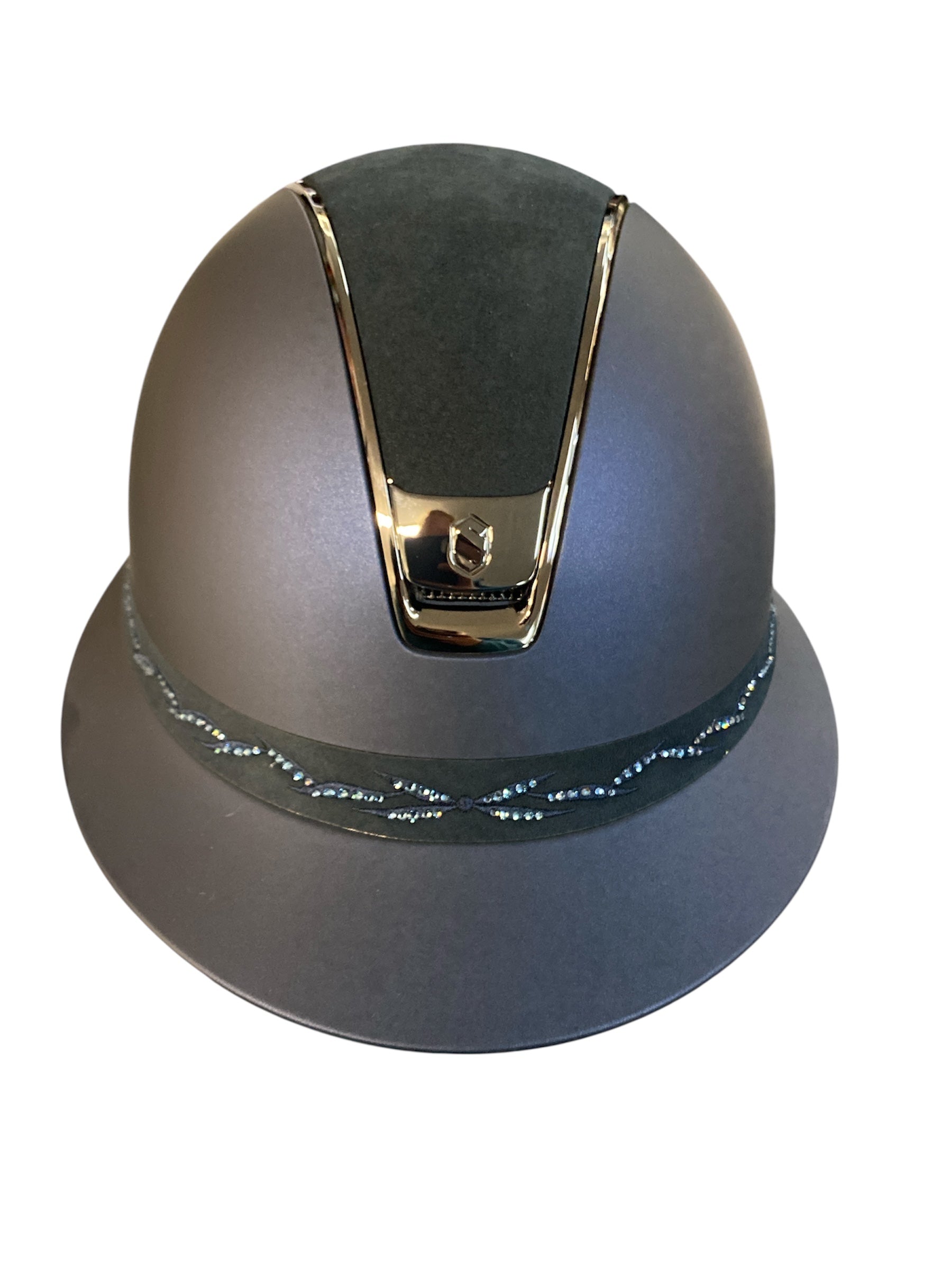 Navy helmet with silver accents on a white background