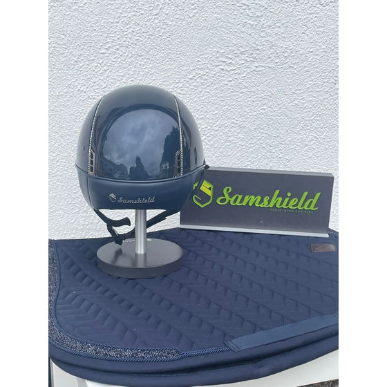 Samshield Miss Shield Glossy Navy Helmet With Flower Crystal Frontal Band Black Chrome Trim and Blazon and 255 Holographic Swarowski