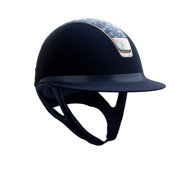 Samshield Miss Shield Navy Shadowmatt Helmet With Crystal Fabric Swarowski Blue Top Leather Frontal Band and Holographic Trim and Blazon - 