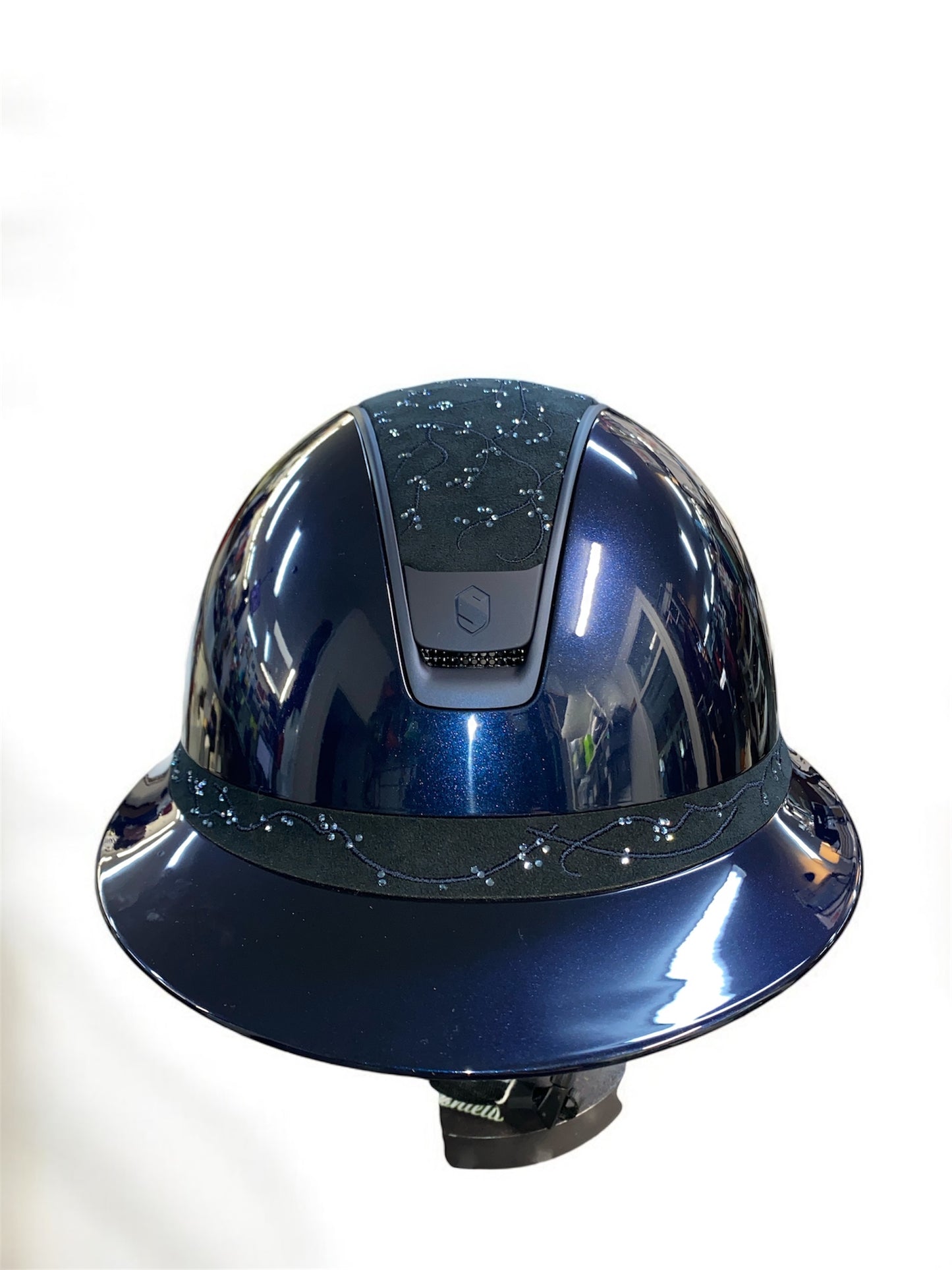Blue hard hat with a brand logo on a white background