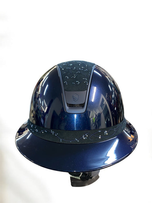 Blue hard hat with a brand logo on a white background