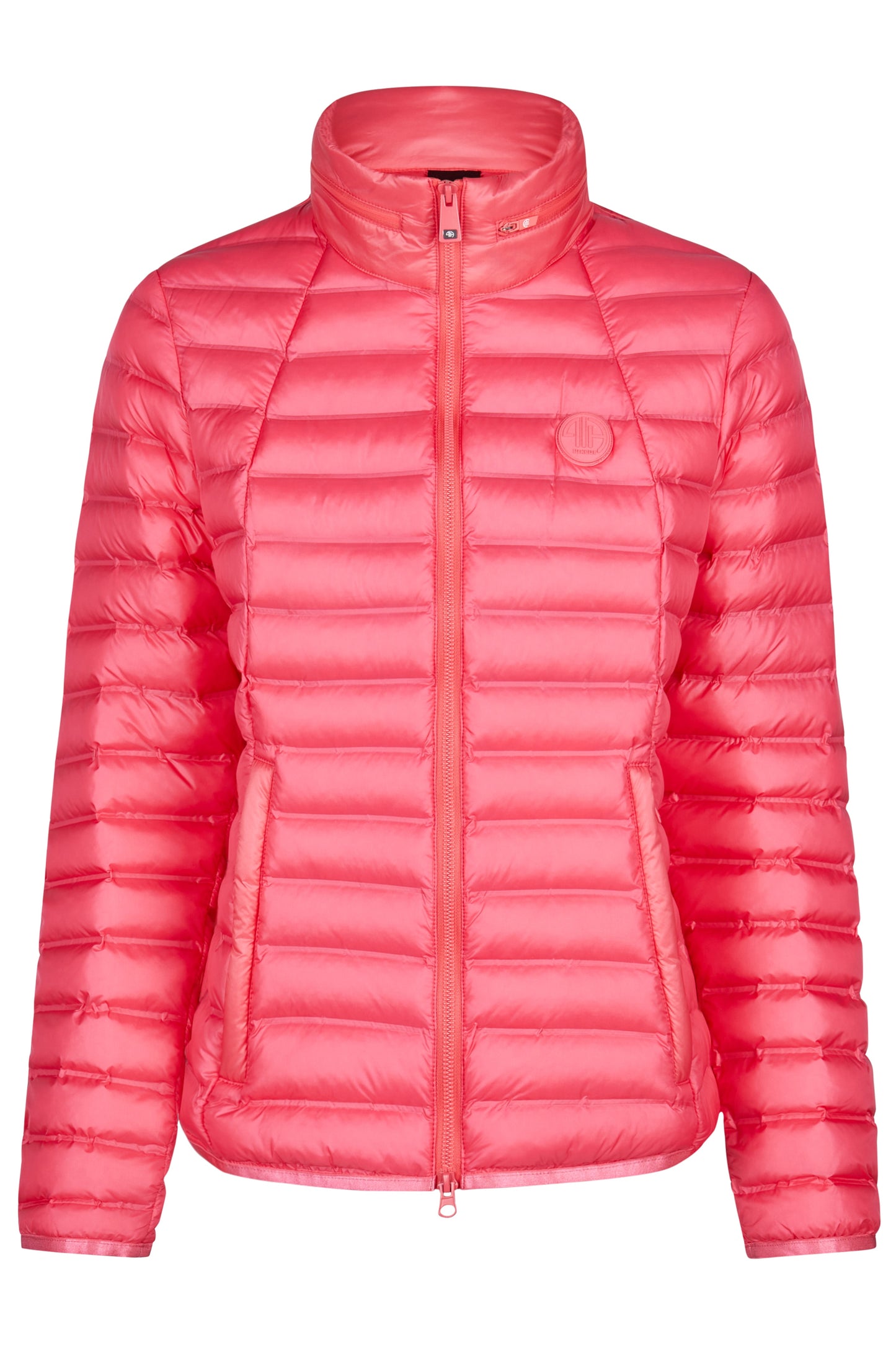 Pink puffer jacket on a white background